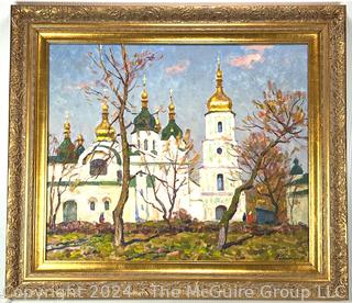 Gilt Framed Oil on Canvas of St. Sophia Cathedral Signed by Artist  Mykhailo Borymchuk (Ukraine), 1991 24" x 28" 