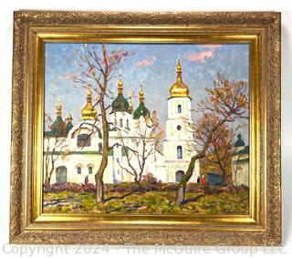 Gilt Framed Oil on Canvas of St. Sophia Cathedral Signed by Artist  Mykhailo Borymchuk (Ukraine), 1991 24" x 28" 