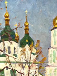 Gilt Framed Oil on Canvas of St. Sophia Cathedral Signed by Artist  Mykhailo Borymchuk (Ukraine), 1991 24" x 28" 