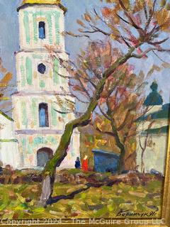 Gilt Framed Oil on Canvas of St. Sophia Cathedral Signed by Artist  Mykhailo Borymchuk (Ukraine), 1991 24" x 28" 