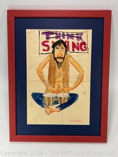 Framed Under Glass Pencil & Watercolor Titled "Think Swing" Signed Richard Starkey. Undated and unverified. Many pinholes and a few small tears throughout.  18" x 24"