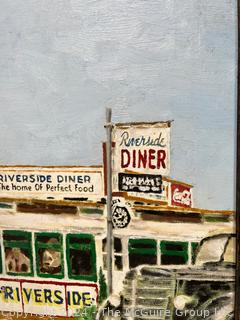 Framed Oil on Canvas of Riverside Diner Signed by Artist.  18" x 27"