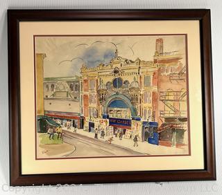 Framed Under Glass Watercolor of Bijou Theatre, Philadelphia Signed by Artist Idell.   23" x 26"