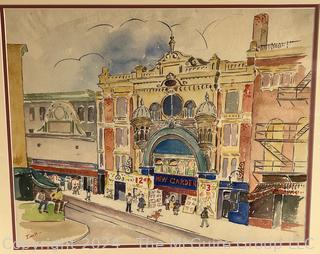 Framed Under Glass Watercolor of Bijou Theatre, Philadelphia Signed by Artist Idell.   23" x 26"