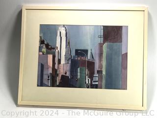 Framed Under Glass Watercolor Titled "Looking Uptown" Signed by Local Artist Marjean Willett 1991. 23 X 29"