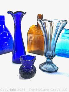 Collection of Mid Century Colored Glass Including Blue Blenko Pitcher