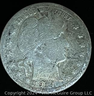 1914-D Barber Head Quarter Dollar Coin