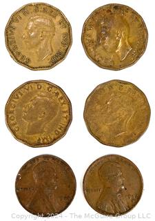 Four (4) WWII Canadian King George VI Five (V) Cent Coins and Two Lincoln Cents (1942-S, 1944)