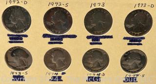 Eight (8) Washington Quarter Dollar Coins Various Dates and Mint-Marks