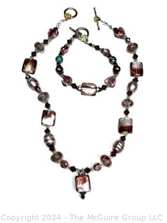 Set of Foil Lampwork Glass Bead Necklace and Bracelet 