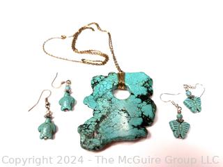 Turquoise Howlite Pendant Necklace on Chain and Two (2) Pairs of Carved Butterfly and Turtle Earrings