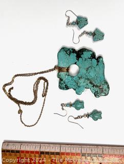 Turquoise Howlite Pendant Necklace on Chain and Two (2) Pairs of Carved Butterfly and Turtle Earrings