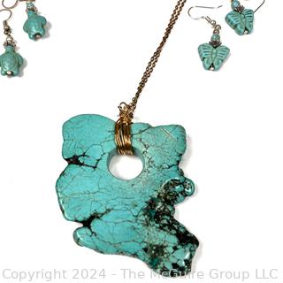 Turquoise Howlite Pendant Necklace on Chain and Two (2) Pairs of Carved Butterfly and Turtle Earrings