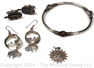 Sterling Silver Jewelry Including Leaf Cufflinks, Buffalo Dangle Earrings, Sun Pendant and Inset Garnet Bangle Bracelet