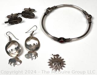 Sterling Silver Jewelry Including Leaf Cufflinks, Buffalo Dangle Earrings, Sun Pendant and Inset Garnet Bangle Bracelet