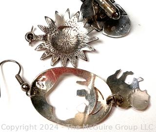 Sterling Silver Jewelry Including Leaf Cufflinks, Buffalo Dangle Earrings, Sun Pendant and Inset Garnet Bangle Bracelet