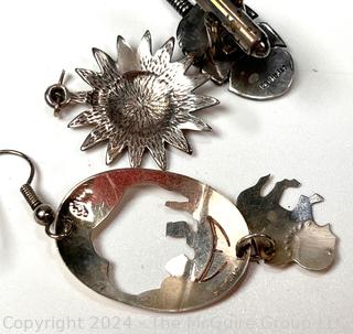 Sterling Silver Jewelry Including Leaf Cufflinks, Buffalo Dangle Earrings, Sun Pendant and Inset Garnet Bangle Bracelet