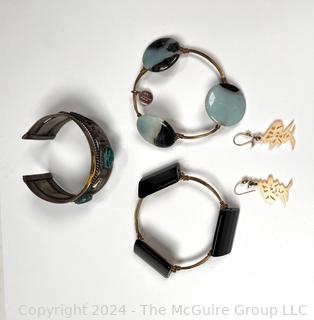 Three (3) Stone and Cuff Bracelets and Carved Bone Dangle Earrings 