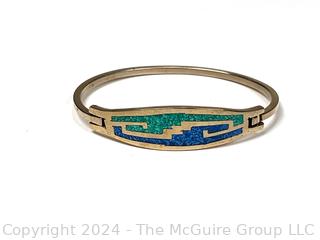 Blue and Green Stone Inlaid Silver Clamp Style Bracelet, Made in Mexico.