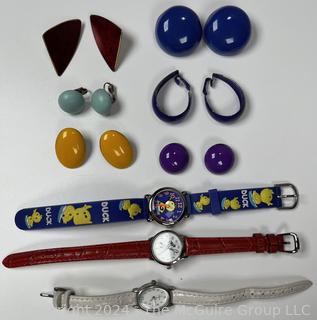 Big 80's Earrings and Watches Including Minnie Mouse