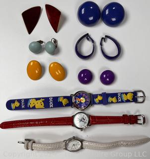 Big 80's Earrings and Watches Including Minnie Mouse