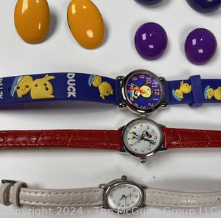 Big 80's Earrings and Watches Including Minnie Mouse