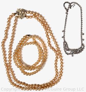 Two (2) Faux Pearl Necklaces and Rhinestone Necklace