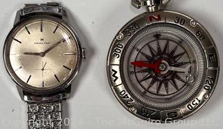 Hamilton Thin 19001-3 Wind Up 1970's Mens Wrist Watch and Contemporary Pocket Compass 