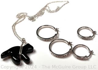 Sterling Silver Chain with Stone Fetish and Two (2) Pairs of CZ Hoop Earrings