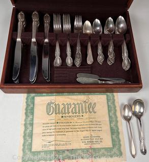 Eight (8) Place Settings of WM Rogers Silver Plated Flatware in Box with Two (2) Sterling Silver Tea Spoons. 