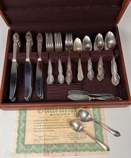 Eight (8) Place Settings of WM Rogers Silver Plated Flatware in Box with Two (2) Sterling Silver Tea Spoons. 