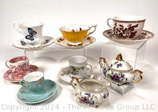 Six (6) Porcelain Tea Cups and Saucers with Sugar and Creamer