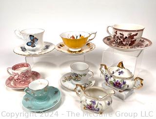 Six (6) Porcelain Tea Cups and Saucers with Sugar and Creamer