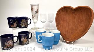 Carved Heart Serving Bowl, Coffee Mugs, United Airlines Wine Glasses and Gilt Leaf Decorated High Ball Glass