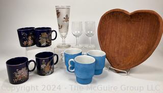 Carved Heart Serving Bowl, Coffee Mugs, United Airlines Wine Glasses and Gilt Leaf Decorated High Ball Glass