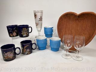 Carved Heart Serving Bowl, Coffee Mugs, United Airlines Wine Glasses and Gilt Leaf Decorated High Ball Glass