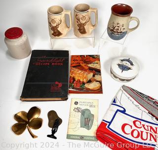 Group Including BPOE Elks Roseville Pottery Beer Mug, Searchlight Cook Book, Elizabeth Arden Jar, Derby Pipe Cleaner, Pommery Jar and Cunard Linen Towel.