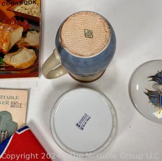 Group Including BPOE Elks Roseville Pottery Beer Mug, Searchlight Cook Book, Elizabeth Arden Jar, Derby Pipe Cleaner, Pommery Jar and Cunard Linen Towel.