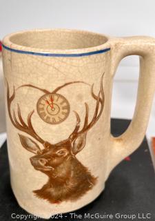 Group Including BPOE Elks Roseville Pottery Beer Mug, Searchlight Cook Book, Elizabeth Arden Jar, Derby Pipe Cleaner, Pommery Jar and Cunard Linen Towel.