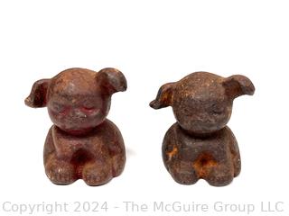 Two (2) Miniature Cast Iron Promotional Dog Paper Weights Stamped Dall B-N & Neil Pup.