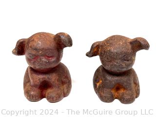 Two (2) Miniature Cast Iron Promotional Dog Paper Weights Stamped Dall B-N & Neil Pup.