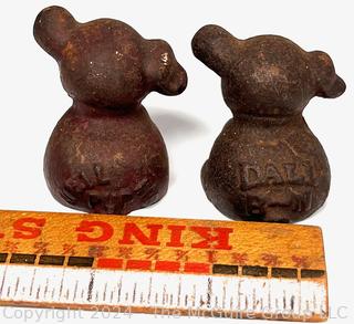 Two (2) Miniature Cast Iron Promotional Dog Paper Weights Stamped Dall B-N & Neil Pup.