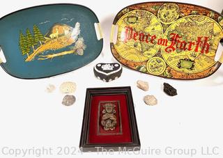 Two (2) Serving Trays, Rocks and Coral, Mounted Mayan Figure, & Jasperware Box