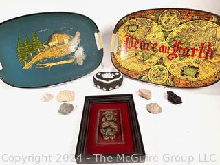 Two (2) Serving Trays, Rocks and Coral, Mounted Mayan Figure, & Jasperware Box