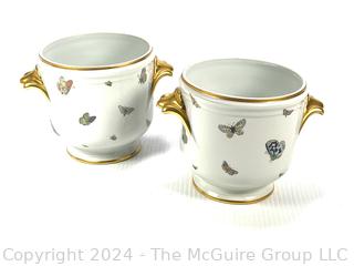 Two (2) Hand Painted Porcelain China Butterfly Cache Pots with Gilt Detail.  6" tall