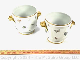 Two (2) Hand Painted Porcelain China Butterfly Cache Pots with Gilt Detail.  6" tall