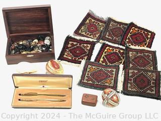 Wooden Inlaid Box with Buttons, Marble Stone Eggs, Cross Pencil Set & Persian Rug Coasters