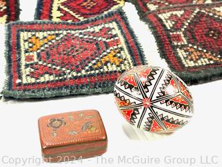 Wooden Inlaid Box with Buttons, Marble Stone Eggs, Cross Pencil Set & Persian Rug Coasters