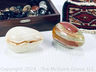 Wooden Inlaid Box with Buttons, Marble Stone Eggs, Cross Pencil Set & Persian Rug Coasters