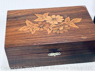 Wooden Inlaid Box with Buttons, Marble Stone Eggs, Cross Pencil Set & Persian Rug Coasters